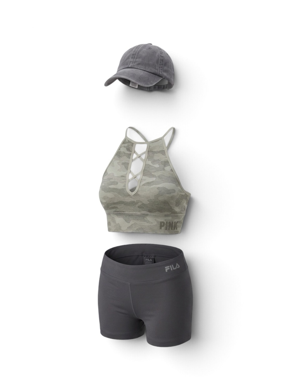 Garage Hat, Pink Sports Bra XS & Fila Shorts XS Set EUC